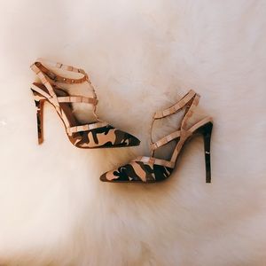Shoe Republic T Strap Studded Camo Heels